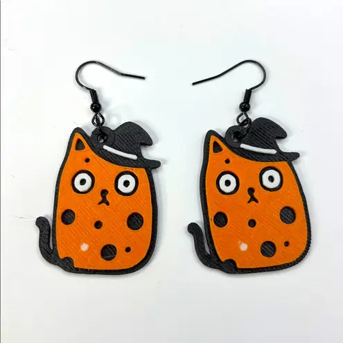 π Black Cat Halloween Earrings β Spooky Orange Cat with Witch Hat Dangles