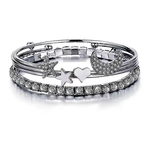 Boutique Silver Bangle Bracelet Set Crystal Star Moon Heart Charm Stackable Jewelry
