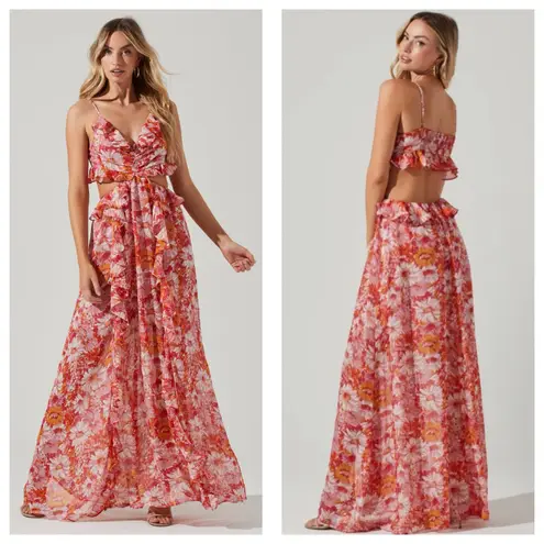 ASTR The Label Palace Floral Cut Out Ruffled Maxi Dress Size Medium Pink Wedding