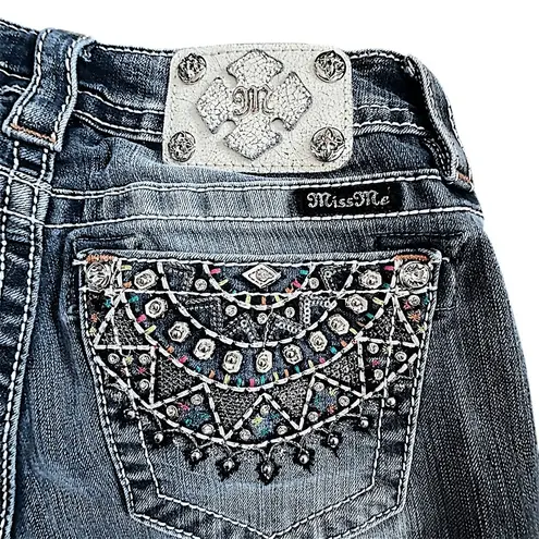 Miss Me Women's Mid-Rise Cuffed Stretch Capri Jeans Blue Embellished Bling