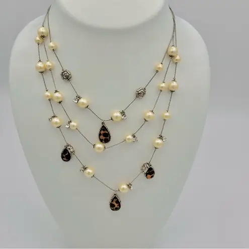 Betsey Johnson  lucite leopard layer faux pearl necklace charms