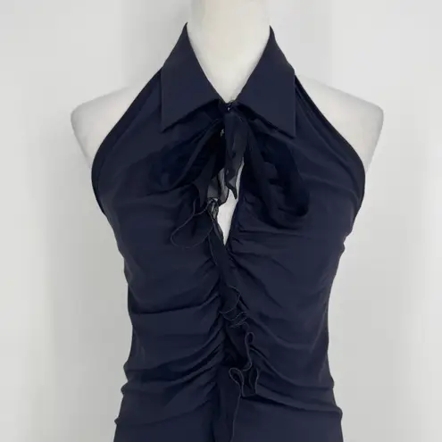 Fuzzi Halter Dress Size 42 US 6 Navy Silk Blend Ruched Ruffle Midi Elegant Chic Blue