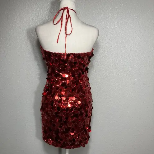 Red Sequin Mini Dress M Cocktail Party Zip Side Stretchy Chic Glam Club Festive Size M