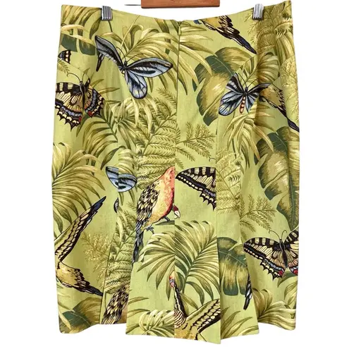 Muse Linen Sequined Parakeets & Butterflies Straight Skirt Green Size 14