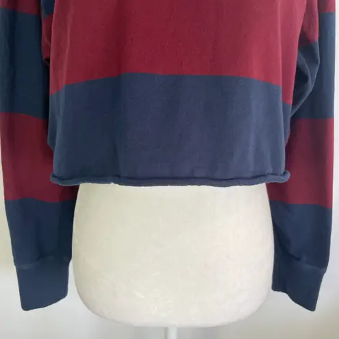 American Eagle New  Throwback Rugby Stripe Cropped Polo Shirt Maroon Navy Size XS