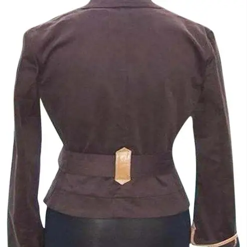 Cache  Brown Cotton Suede Removable Belt Leather Trim Jacket Top Stretch $188 NWT