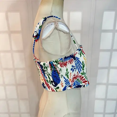 House of Harlow Blue White Toucan Smocked Beaded Tassel Crop Bandeau Top Large