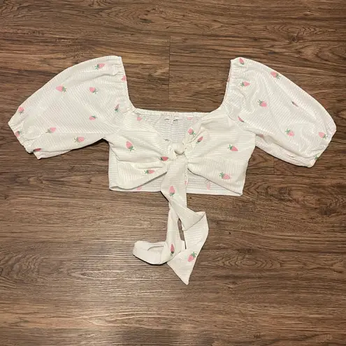 Love & Piece Strawberry Printed 5/8 Sleeve Waist Tie Crop Top White Pink Large