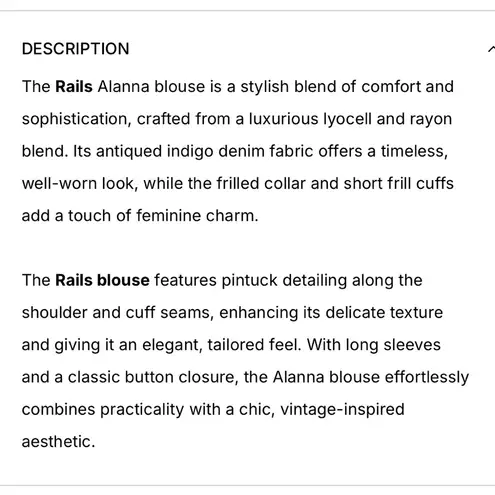 Rails Blue Denim Alanna Blouse Antique Indigo Size Large