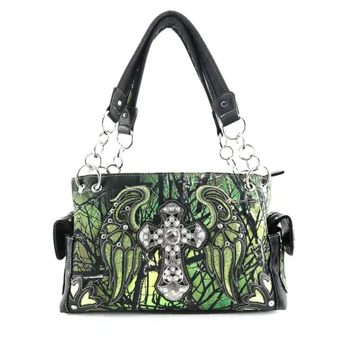 Cross Angel Wings Tree Camouflage Women's Handbag Purse Green