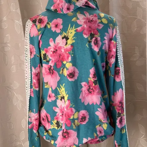 Lovely Melody M Floral Lace Sleeve Hoodie Medium Blue Pink Boho Cottagecore