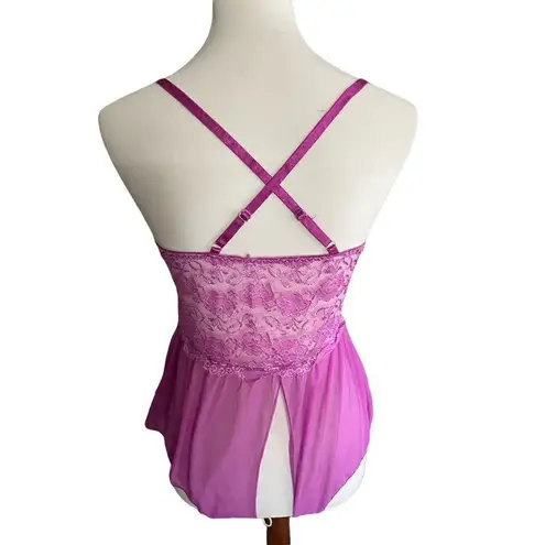 Gorgeous! Lilac Satin Lace Rose Negligee Open Crotch S Purple