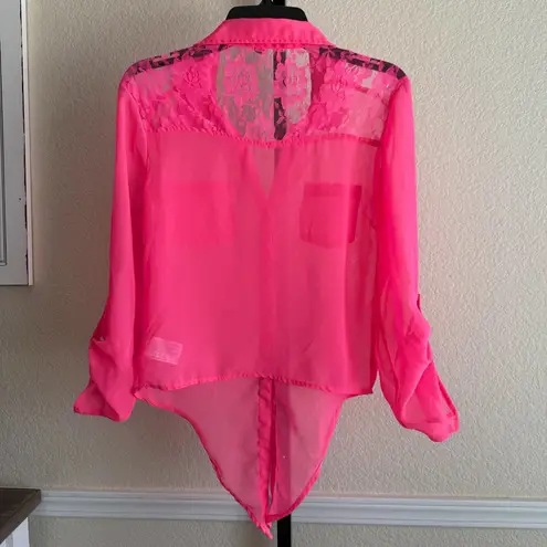 Women’s Juniors XL Hot Pink Sheer Blouse Long Sleeve Lace Back Tie Front Top Size undefined