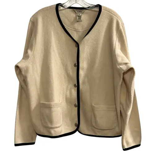 LL Bean Cream Fleece Cardigan Jacket Black Trim Button Front Pockets Large