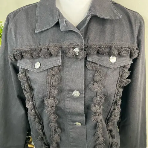 Free The Roses 🎉  Black Jean Jacket With Tassels Button Front NEW Size S