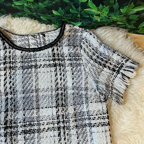 BLACK WHITE AID PATCHWORK STITCH TOP SIZE MEDIUM Raw Hem Sparkly Plaid Top White Size L