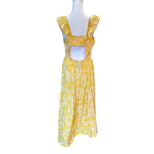 Angie  Midi Dress Cap Sleeve Tiered Skirt Yellow Floral Open Back Womens Large