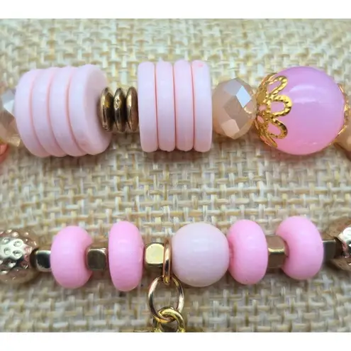None Lot of 2 Artisan Made Gold Tone & Pink Beaded Stretch Bracelet Shark Tooth Charm