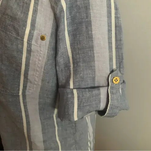 Ellen Tracy Blue White Striped Linen Popover Top Roll Tab Sleeves Gold Zipper M