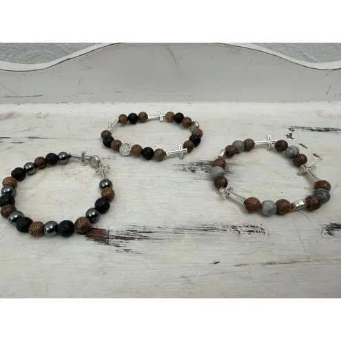 Men's Natural Stone Bracelet Set – Lava Rock, Wood Beads & Cross Charms 3 Pack