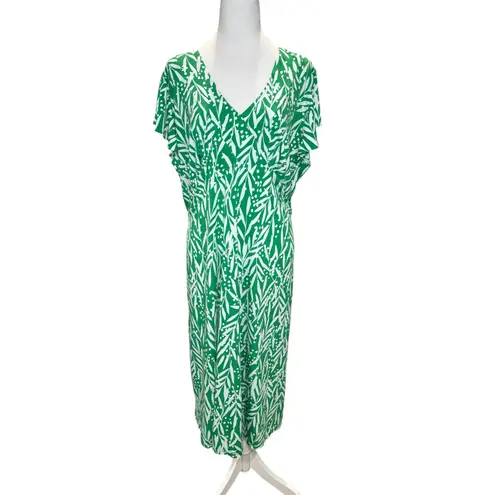 London Times Green White Floral Leaf V-Neck Ruffle Sleeve Midi Dress 16W Plus