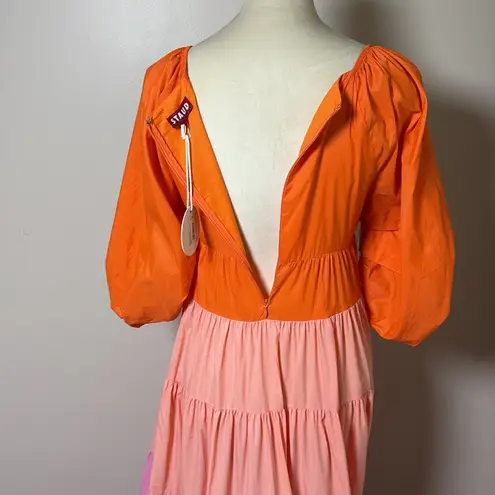 New STAUD Meadow Dress Orange Pink Colorblock Tiered Maxi Size S