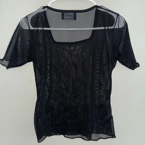 Vintage 90s Versace Jeans Couture Woman’s Black Sheer Mesh Top Floral Gradient S