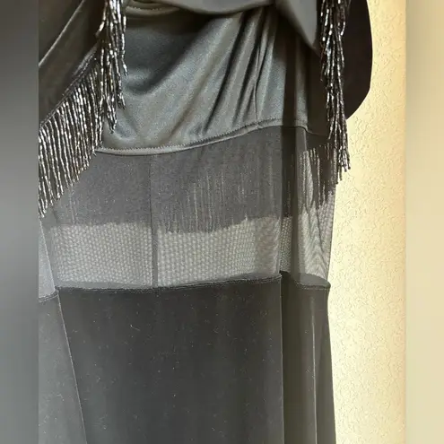 Vintage Patra Black Velvet Beaded Fringe Mesh Paneled Flapper Maxi Dress 10