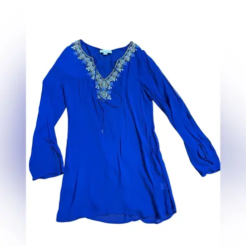 Yumi Kim Royal Blue Beaded Embellished Sheer Tunic Top or Swim Cover Sz S
