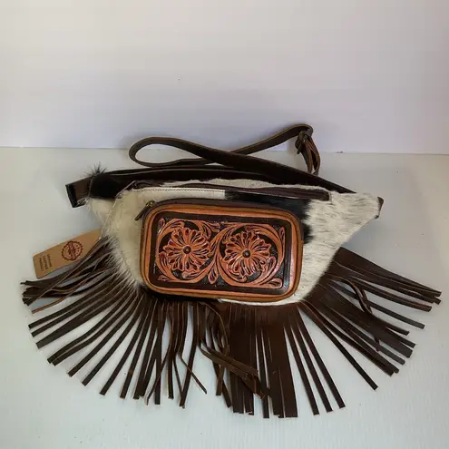 Handmade Cowhide Tooled Leather Fringe Belt Bag – Western Fanny Pack NWT NEW Tan