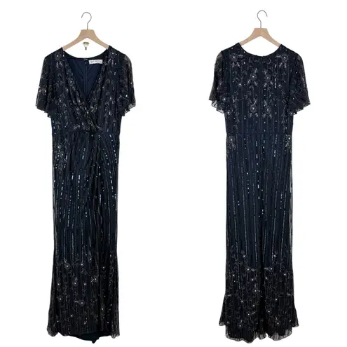Mac Duggal Sequin Embellished Beaded Faux Wrap Gown Navy Blue Sz 14 NWT 93654