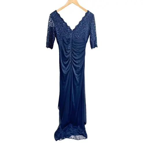 Betsy and Adam Dress Size 4 Blue Maxi Gown Sequined V Neck Short Sleeve NEW