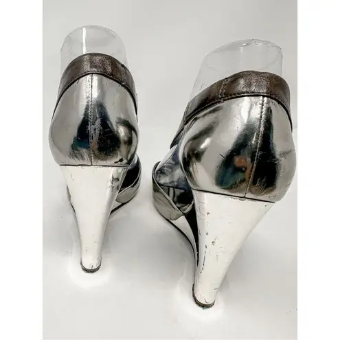 Marciano Women's Silver Leather Peep-Toe Wedge Heel Silver And Brown Size 8.5