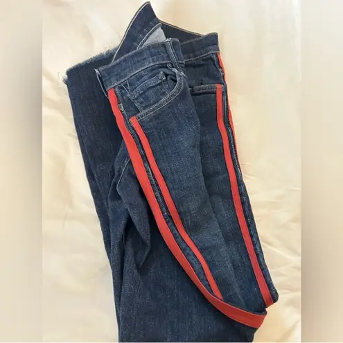 EUC Mother Women's Jeans with Red Stripe. Size 24 “the looker ankle fray” style Blue