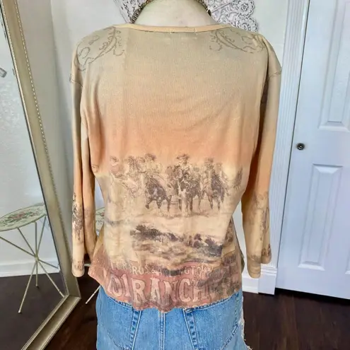 Vintage Tan Brown Early 2000's Western Cowboy Graphic Print Long Sleeve Top L Size L