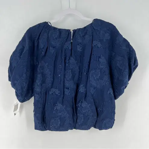 Ophelia Roe Navy Textured Floral Paisley Puff Sleeve Cropped Blouson Top