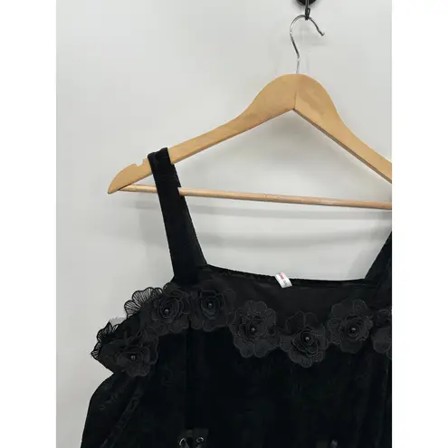 Rosegal Top 2X Black Velour Floral Tie Whimsigoth Renaissance Witch Cosplay