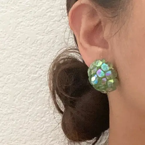 Vintage VOGUE Aurora Borealis Green Dome Cluster Beads Clip On Earrings