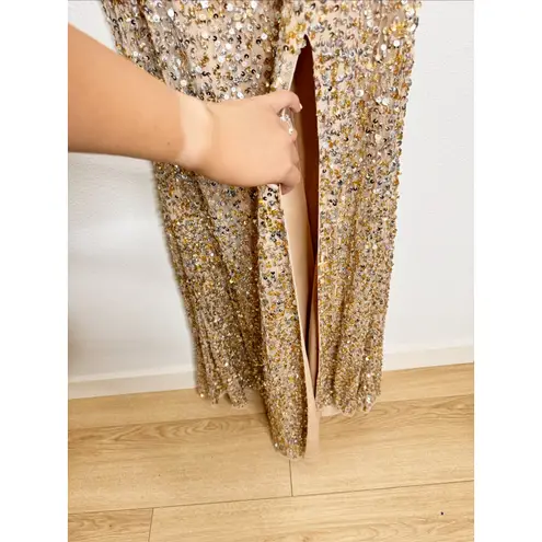 Mac Duggal NWT 10729M One Shoulder Sequin Dress Nude Gold Silver Maxi US 10