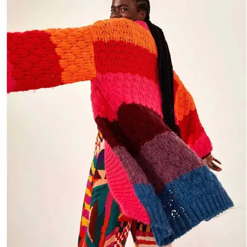 Farm Rio Striped Oversized Cardigan Multicolor Knit Puff Sleeve size XS Crochet