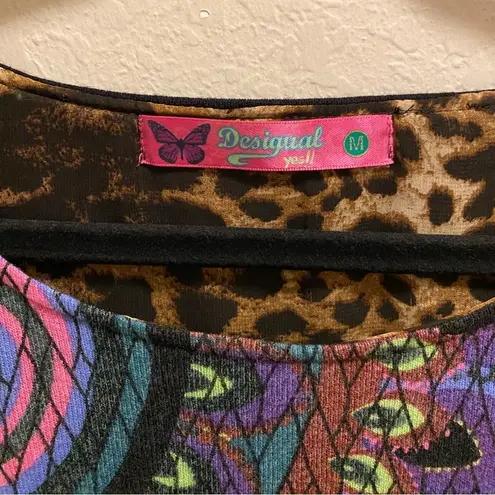 Desigual Artsy Mixed Media Animal Print Long Sleeve Layered Blouse Size M