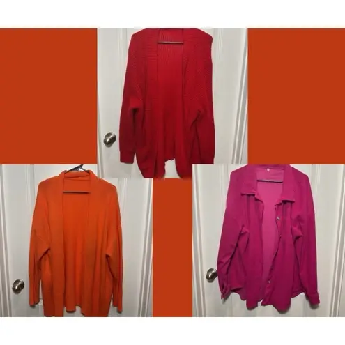 Orange Creek LOT Womens Oversized Knit Cardigan Sweater XXL Bright Red Open Front Pockets
