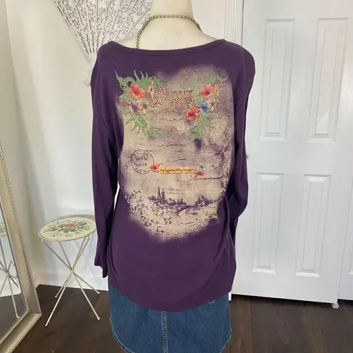 Early 2000's Dark Purple Sequin Studded Whimsygoth Graphic Long Sleeve XL