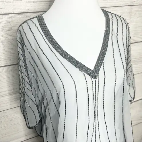 Vintage Sheer Beaded Silver Gray Dolman Sleeve Blouse Top Shawl One Size Size M