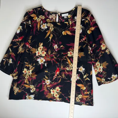 J Jill Floral Bird Cardinal Blouse Medium Artsy Rayon Lightweight Boho Flowy Black