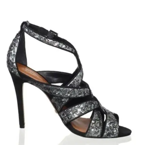 Schutz Fallon Gunmetal Sequin Strappy Stiletto Heels 7