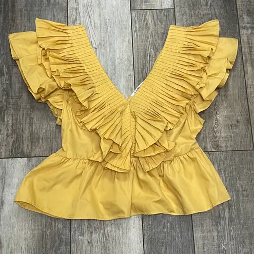 Momni NWT Pansy Pleated Ruffle Crop Blouse Mustard Yellow Size Large