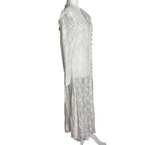Vintage 90s Lace Button Up Maxi Dress Duster Medium White Sheer Long Sleeve