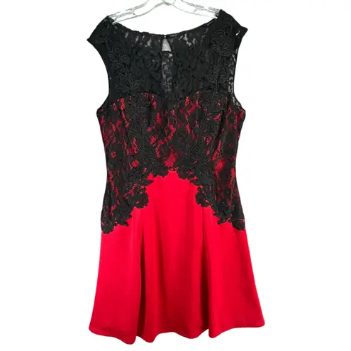 Melrose Cocktail Dress Womens 14 Red Black Sheer Contrast Lace Holiday Romantic
