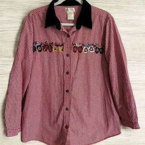 Bobbie Brooks Red Gold Checkered Plaid Mitten Holiday Blouse 18W/20W 2X Velvet C